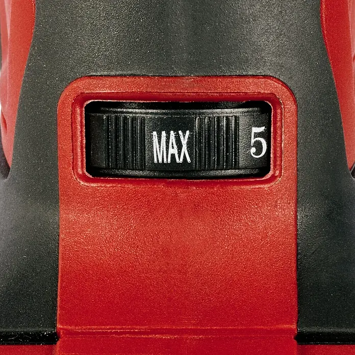 Einhell PXC 18V Multiherramienta de batería Varrito - 18 V, Sin batería - Primer plano de un dial giratorio negro con la palabra "MAX" y el número "5" en una herramienta eléctrica roja y negra.