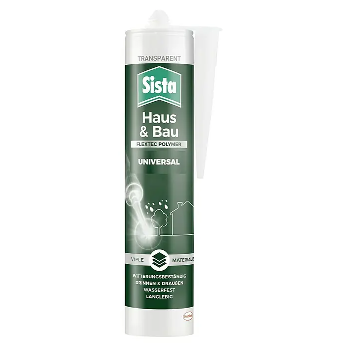 Sista Silikon Haus & Bau Universal - Transparent, 280 ml, Lösemittelfrei - Abbildung einer Kartusche Sista Haus & Bau, ein transparentes, universelles Dicht- und Klebemittel für den Innen- und Außenbereich.