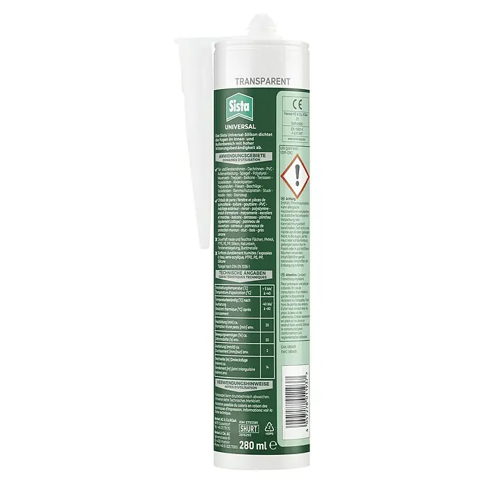 Sista Silikon Haus & Bau Universal - Transparent, 280 ml, Lösemittelfrei - Abbildung einer Kartusche Sista Universal-Silikon, transparent, für Abdichtungen im Innen- und Außenbereich mit hoher Witterungsbeständigkeit.