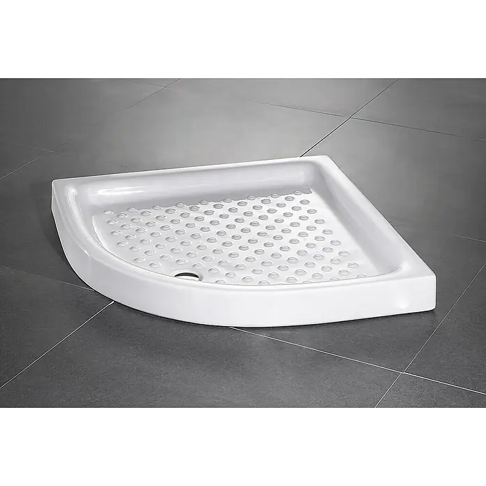 Plato de ducha cuarto de circulo porcelánico White - L x An: 80 x 80 cm, Cerámica, Blanco - Un moderno plato de ducha blanco con superficie estriada y un desagüe en la esquina, perfecto para cualquier baño.