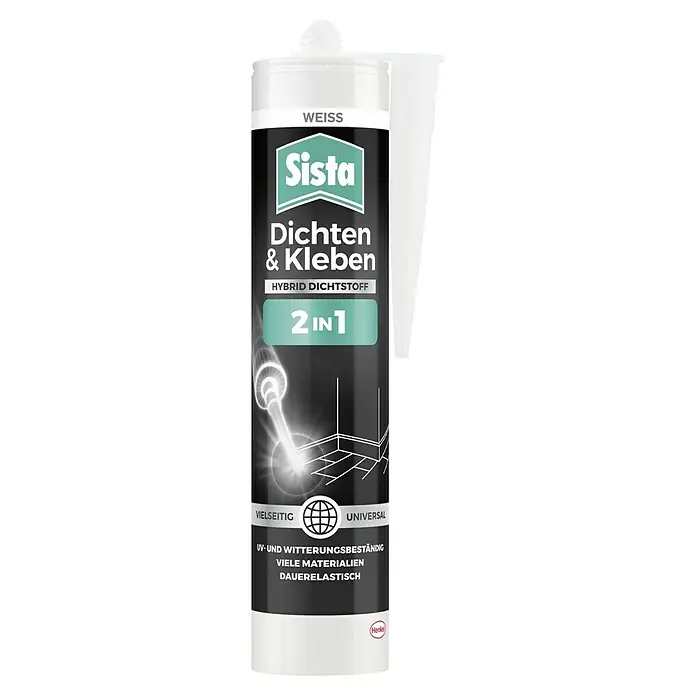 Sista Fugendichtstoff Dichten & Kleben 2in1 - Weiß, 280 ml, Silikonfrei - Sista Dichten & Kleben 2in1 Hybrid Dichtstoff in Weiß. Das Produkt ist vielseitig, UV- und witterungsbeständig und für viele Materialien geeignet.
