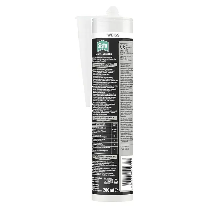 Sista Fugendichtstoff Dichten & Kleben 2in1 - Weiß, 280 ml, Silikonfrei - Nahaufnahme einer Kartusche Sista Dichten & Kleben Weiss, ideal zum Dichten und Kleben im Innen- & Aussenbereich.