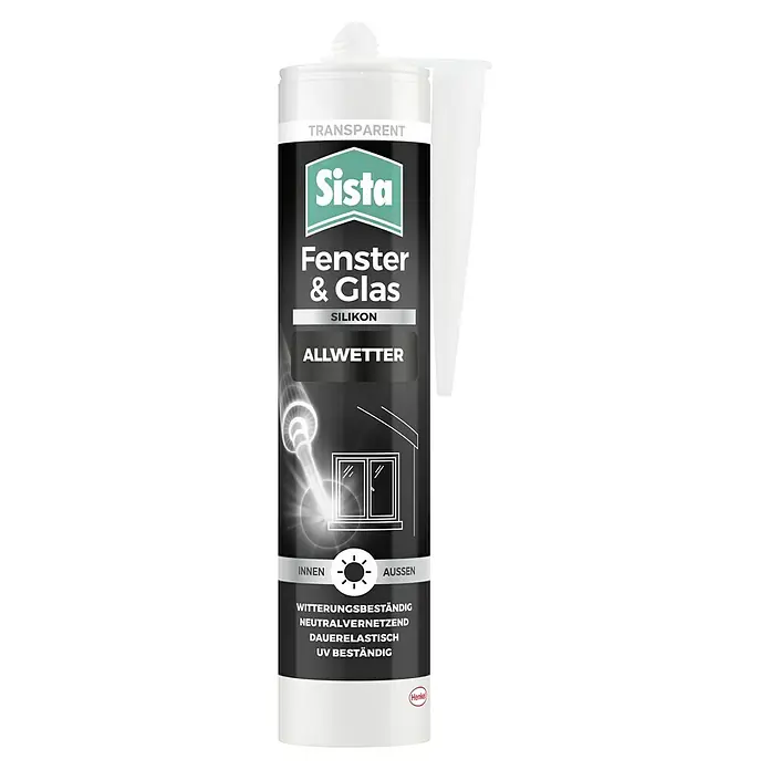 Sista Fenster-Silikon Fenster & Glas - Transparent, 280 ml - Produktbild einer Sista Fenster & Glas Silikon Kartusche in Schwarz mit transparentem Silikon, ideal für Fenster und Glasanwendungen.