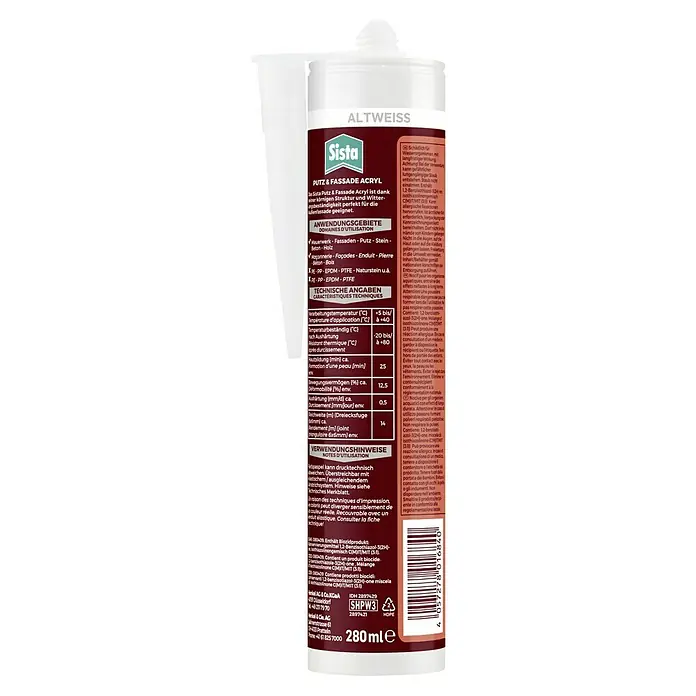 Sista Acryl Putz & Fassade - Altweiß, 280 ml - Abbildung einer Kartusche Sista Putz & Fassade Acryl, ein hochwertiges Produkt für Fassadenreparaturen und -gestaltung.