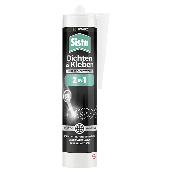 Sista Fugendichtstoff Dichten & Kleben 2in1 - Schwarz, 280 ml, Silikonfrei - Abbildung einer Kartusche Sista Dichten & Kleben 2in1 Hybrid-Dichtstoff in Schwarz, vielseitig und universell einsetzbar.