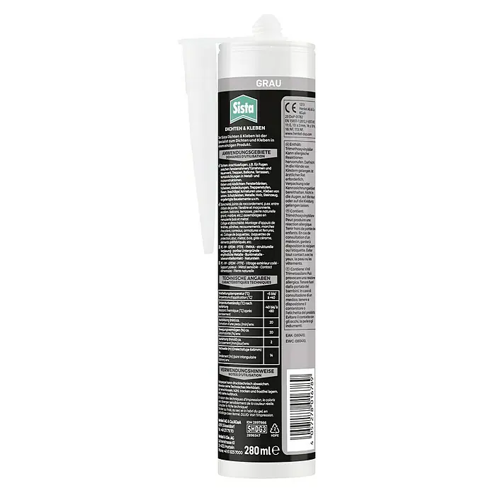 Sista Fugendichtstoff Dichten & Kleben 2in1 - Grau, 280 ml - Abbildung einer Kartusche Sista Dichten & Kleben Grau, einem vielseitigen Dicht- und Klebstoff für verschiedene Anwendungen.
