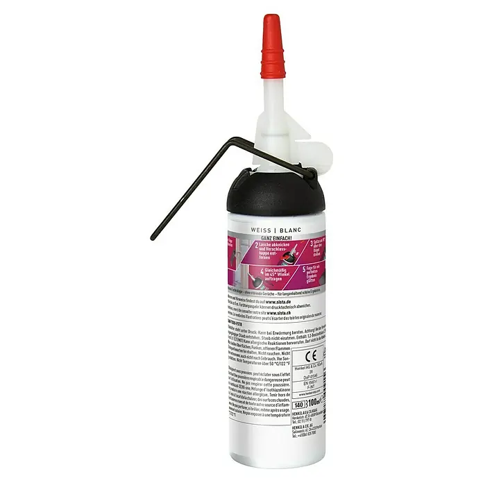 Sista Acryl-Dichtmasse Drinnen - Weiß, 100 ml - Dose Sista Fugenfüller in Weiß/Blanc mit roter Kappe und schwarzem Applikator. Ideal für dauerhaft schöne Fugen.