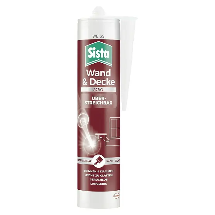 Sista Acryl Wand & Decke - Weiß, 280 ml - Produktbild einer Kartusche Sista Wand & Decke Acryl, weiß. Ideal zum Füllen von Rissen und Fugen im Innen- und Außenbereich.