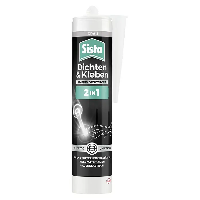 Sista Fugendichtstoff Dichten & Kleben 2in1 - Grau, 280 ml - Sista Dichten & Kleben Hybrid-Dichtstoff 2IN1 Kartusche, vielseitiger, dauerelastischer Dichtstoff für zahlreiche Materialien. Grau.