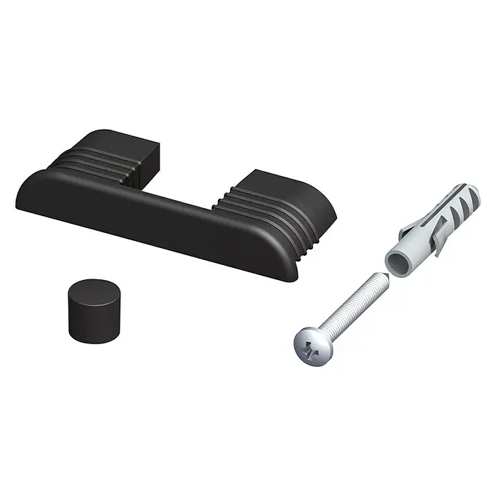 Kantoflex Coaxis Wandbefestigungs-Set - 11 -tlg., Polyamid, Passend für: Coaxis Profile mit 60mm Breite - Ein schwarzer Toilettenpapierhalter mit Montagematerial wie Dübel, Schraube und Abdeckkappe.