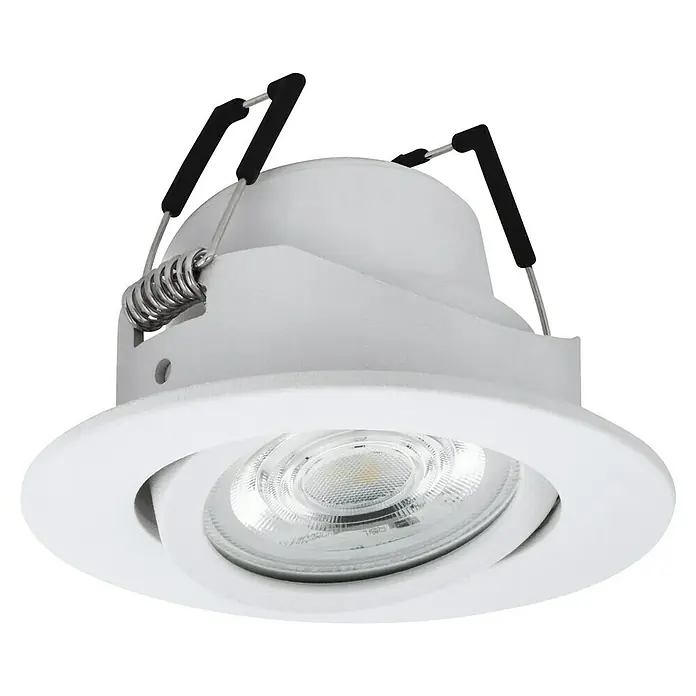 Eglo LED-Einbauleuchte rund Saliceto-Z - Ø x H: 88 x 46 mm, Weiß, 1 Stk. - Nahaufnahme einer runden, weißen LED-Deckenleuchte mit eingebauten Federn zur Befestigung. Das Licht ist hell und auf den Betrachter gerichtet.