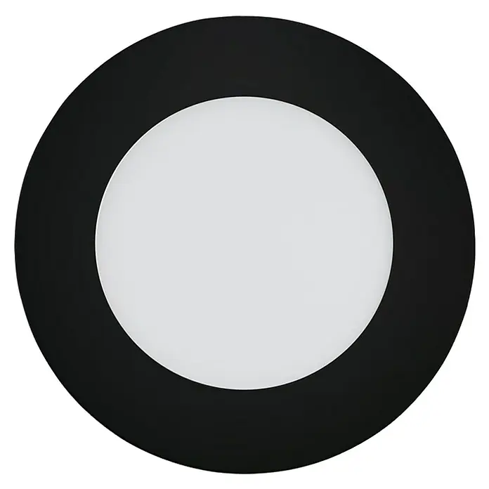 Eglo LED-Einbauspot Fueva-Z - Kaltweiß, Durchmesser: 120 mm, Schwarz, 1 Stk. - Nahaufnahme einer runden, dimmbaren LED-Deckenleuchte mit schwarzem Rahmen und zentralem, weißem Lichtdiffusor.