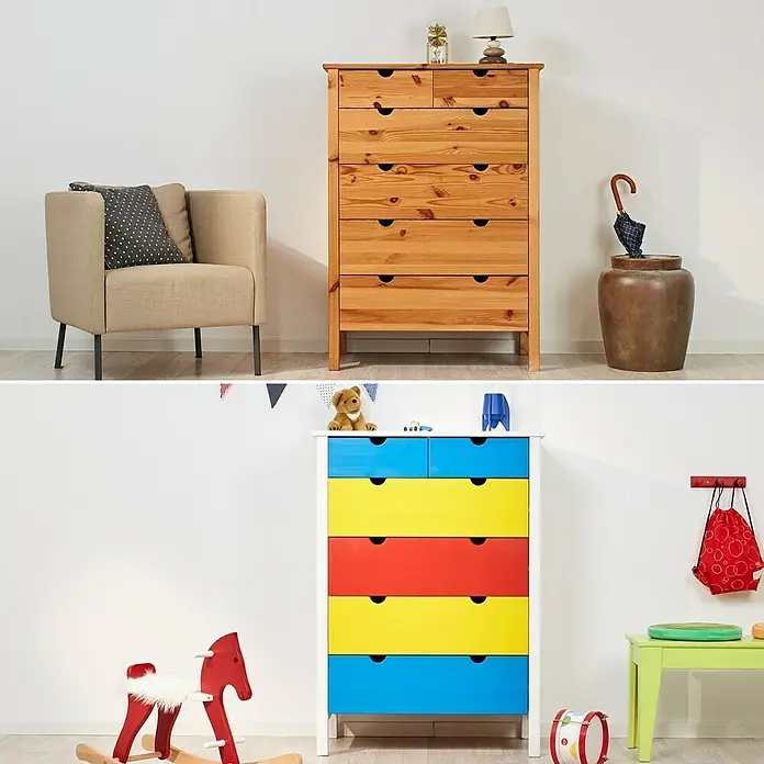 swingcolor Buntlack Acryl - Apfelgrün, Glänzend, 375 ml, Wasserbasiert - Zwei Kommoden: Eine aus Holz und eine bunte mit Spielzeugen und Dekorationen.\n