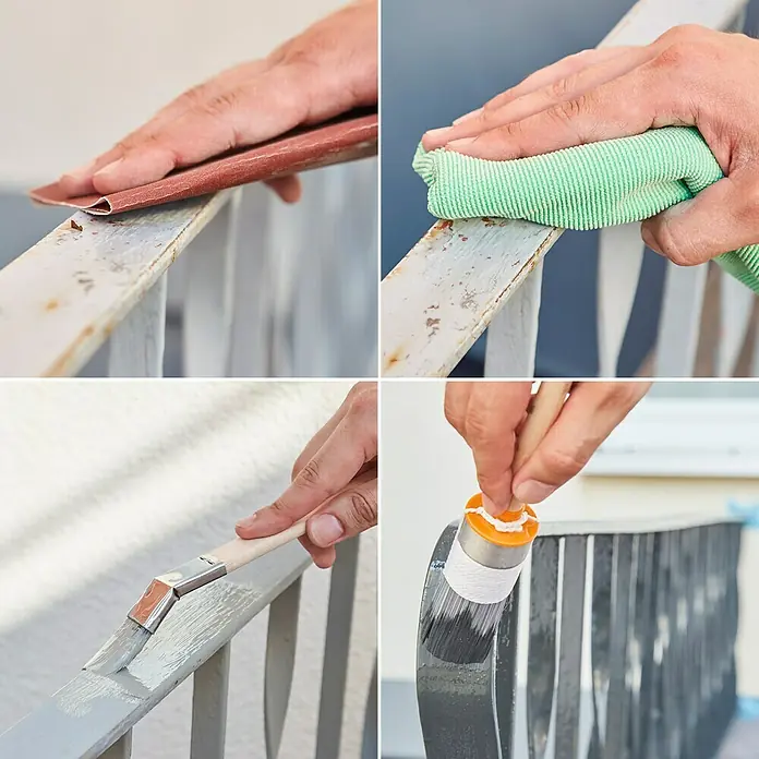swingcolor Buntlack Kunstharz für Außen - Cremeweiß, Hochglänzend, 125 ml, Lösemittelbasiert - Schritte zum Lackieren eines Geländers: Schleifen, Reinigen, Grundieren und Auftragen von Decklack für ein professionelles Finish.