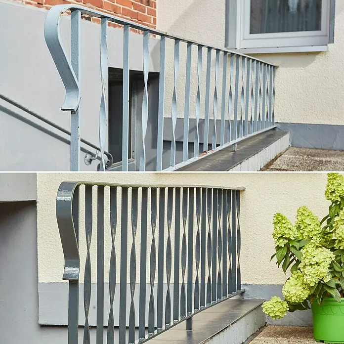 swingcolor Buntlack Kunstharz für Außen RAL 7016 - Anthrazitgrau, Hochglänzend, 125 ml, Lösemittelbasiert - Ansicht von zwei grauen Außentreppen mit Geländern. Das Geländerdesign hat gedrehte vertikale Stäbe und einen geschwungenen Handlauf.