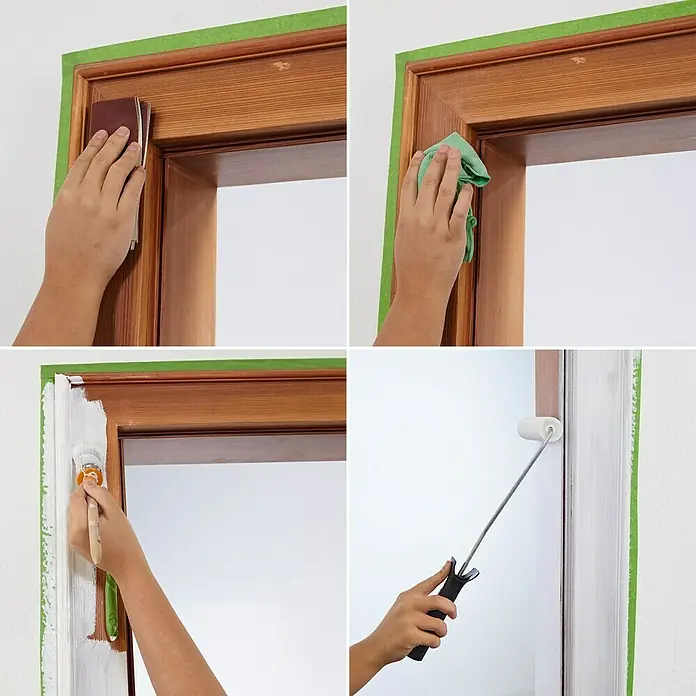 swingcolor Fenster- & Türenlack Acryl - Weiß, Seidenmatt, 2,5 l, Wasserbasiert - Schritte zum Malen eines Türrahmens: Schleifen, Reinigen, Auftragen von Farbe mit Pinsel und Farbroller für ein makelloses Finish.