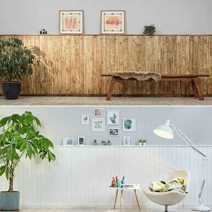 swingcolor Weißlack Acryl - Weiß, Glänzend, 125 ml, Wasserbasiert - Zwei Inneneinrichtungsstile im Vergleich: rustikale Holzvertäfelung mit Deko vs. moderne, helle Paneele mit Kunstwerken und Designermöbeln.