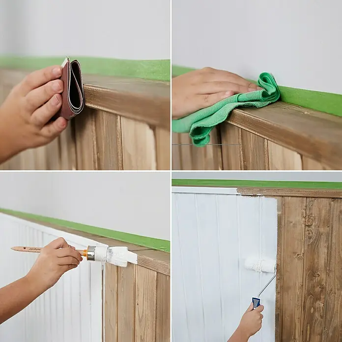 swingcolor Weißlack Acryl - Weiß, Glänzend, 125 ml, Wasserbasiert - Schritte zum Bemalen einer Holzvertäfelung: Schleifen, Reinigen, Auftragen einer Grundierung mit Pinsel und Rolle.