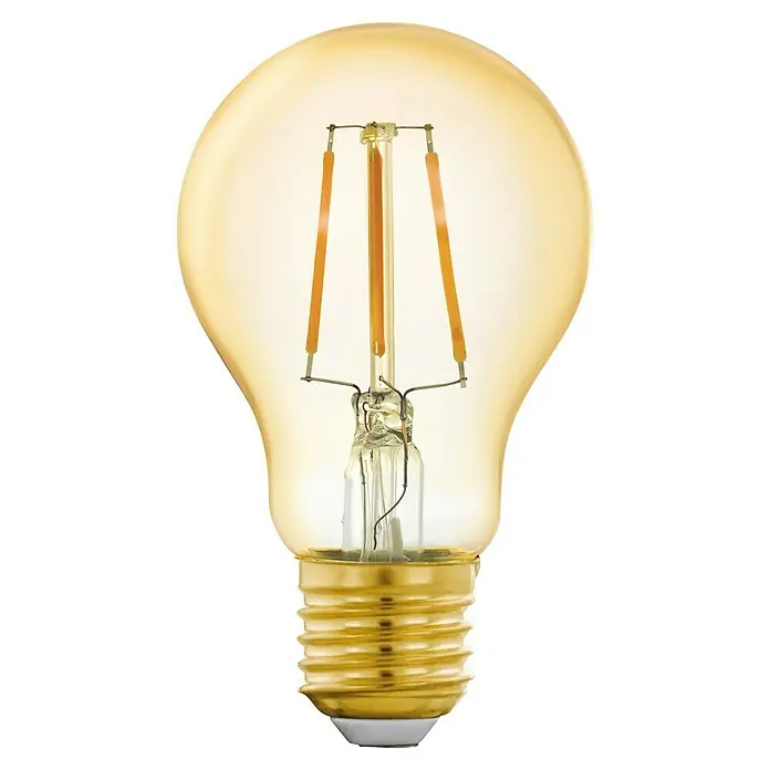 Eglo connect.z Smart-LED-Lampe - E27, Dimmbar, Warmweiß, 500 lm, 5,5 W - Nahaufnahme einer dekorativen Edison-Glühbirne mit warmem bernsteinfarbenem Glas und sichtbaren Glühfäden auf schwarzem Hintergrund.