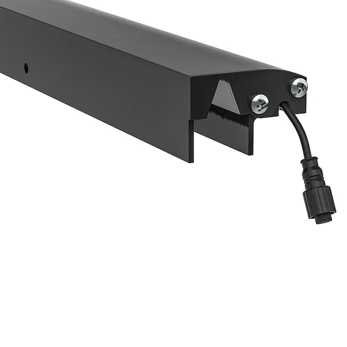 LyghtUp Zaunbeleuchtung - Länge: 173,3 cm, Anthrazit, Passend für: WPC- und Aluminium-Steckzäune - Nahaufnahme einer schwarzen LED-Leuchte mit Kabelanschluss, ideal für moderne Beleuchtungslösungen und stilvolles Design.
