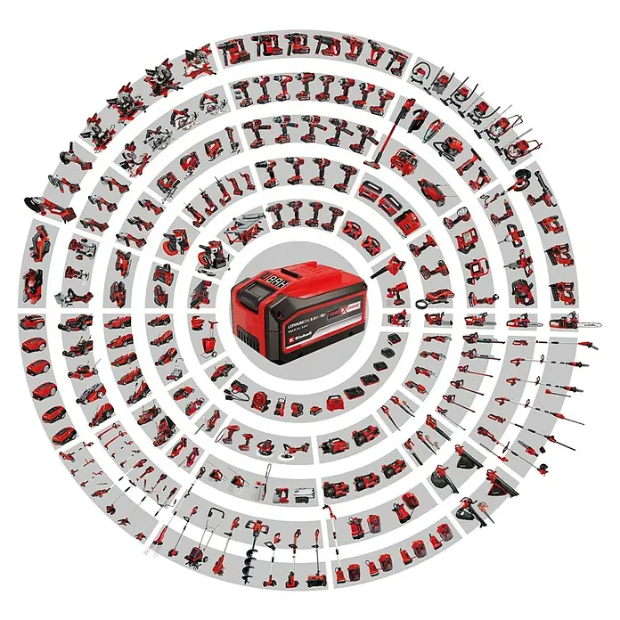 Einhell Power X-Change 18V Akku-Bohrschrauber TE-CD 18/40 Li BL - Solo - 18 V, Ohne Akku, 40 Nm - Das Bild zeigt eine Vielzahl von Einhell-Werkzeugen, die alle mit dem gleichen Akku kompatibel sind. Einhell Akku-System Power X-Change im Zentrum.