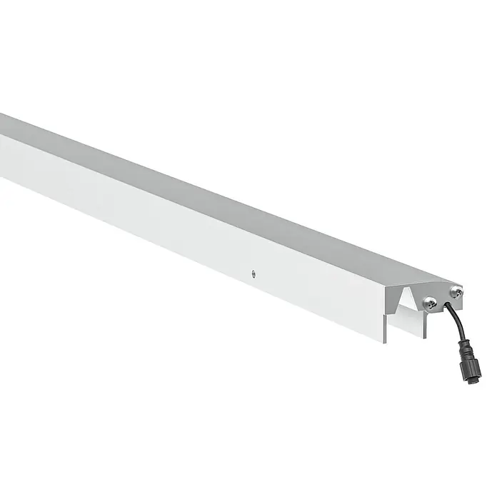 LyghtUp Zaunbeleuchtung - Länge: 173,3 cm, Silber, Passend für: WPC- und Aluminium-Steckzäune - Nahaufnahme einer LED-Leuchte mit silbernem Gehäuse und weißem Rahmen, ideal für moderne Innenräume.