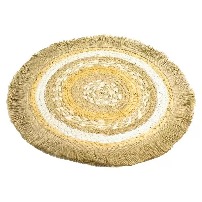 Tisch-Set Jute - Natur/Weiß, Durchmesser: 40 cm - Runde geflochtene Jute-Matte mit natürlichen, weißen und gelben konzentrischen Ringen und Fransen.