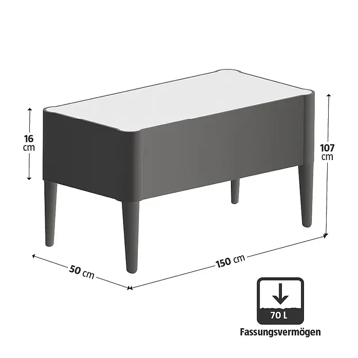 Dobar Hochbeet - 150 x 50 x 107 cm, Holz, Natur - Abbildung eines grauen Pflanzgefäßes auf Beinen mit den Maßen 150x50x107 cm und einer Höhe des Pflanzgefäßes von 16 cm.