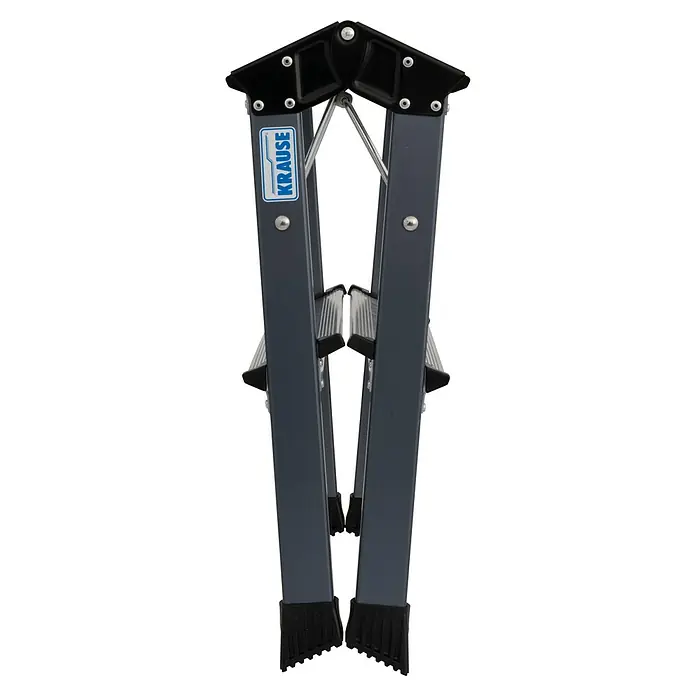 Krause Doppel-Klapptritt Treppy - Anzahl Tritte: 4 Stk., Arbeitshöhe: 2,45 m, Belastbarkeit: 150 kg, Aluminium - Die zusammengeklappte Krause Stehleiter ist grau und schwarz. Kompakt und leicht zu verstauen, ideal für den Heimgebrauch.