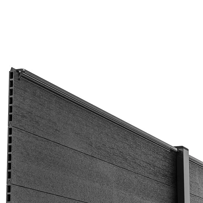 LyghtUp Zaunbeleuchtung - Länge: 173,3 cm, Anthrazit, Passend für: WPC- und Aluminium-Steckzäune - Dunkelgraue, texturierte WPC-Zaunplatte mit integrierter LED-Beleuchtung und Pfosten.