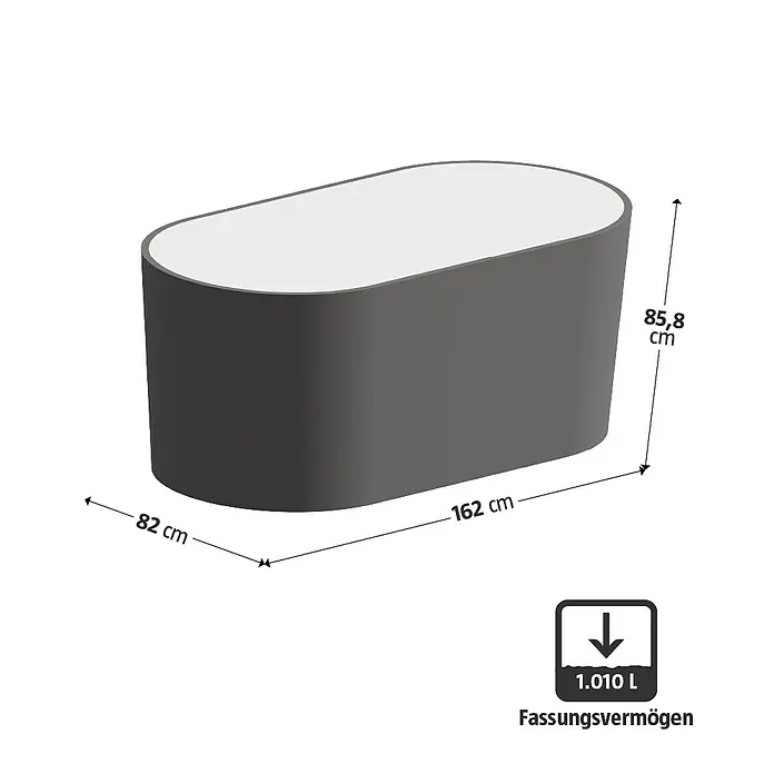 Vitavia Hochbeet Terra 858 - 162 x 82 x 85,8 cm, Zincalume®, Rubin/Ziegelrot - Abbildung einer freistehenden Badewanne mit den Maßen 162 cm Länge, 82 cm Breite und 85,8 cm Höhe sowie einem Fassungsvermögen von 1.010 Litern.