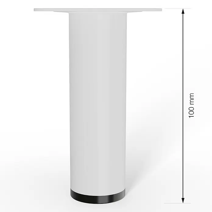 Walteco Möbelfuß - L x B x H: 3 x 3 x 10 cm, Ø x H: 3 x 10 cm, Traglast: 50 kg, Stahl, Weiß - Produktabbildung eines 100mm hohen, weißen Möbelfußes mit schwarzem Sockel und rechteckiger Befestigungsplatte.