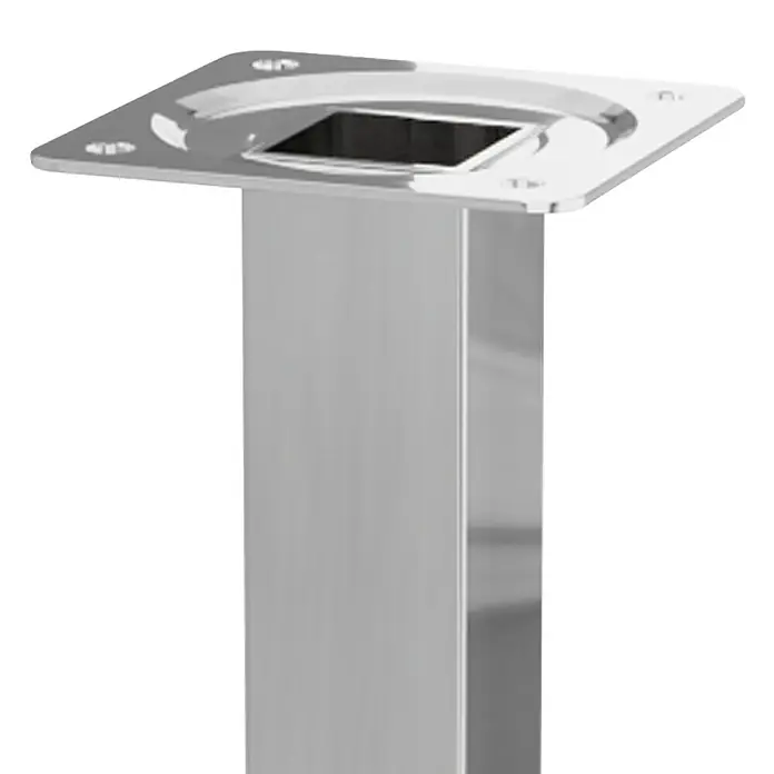Walteco Möbelfuß - L x B x H: 25 x 2,5 x 10 cm, Traglast: 50 kg, Stahl, Silber, Glänzend - Detailansicht einer modernen, glänzenden Tischbeinverbindung aus Metall mit quadratischem Profil und Befestigungsplatte für Möbel.