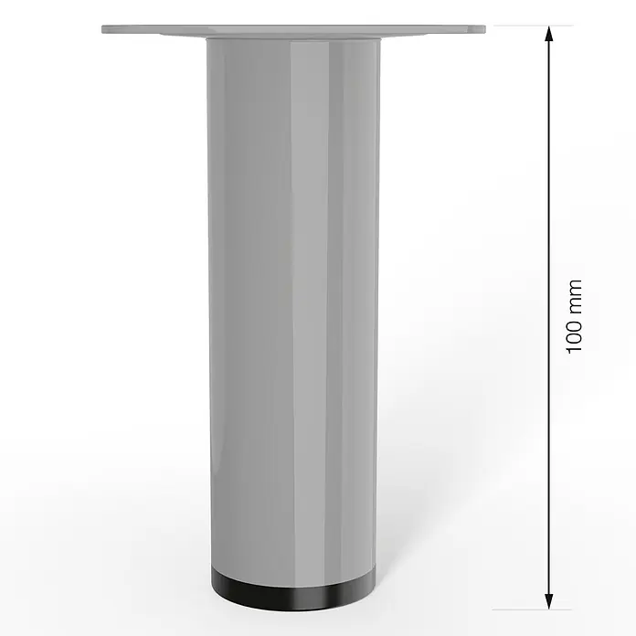 Walteco Möbelfuß - L x B x H: 3 x 3 x 10 cm, Ø x H: 3 x 10 cm, Traglast: 50 kg, Stahl, Grau - Abbildung eines 100 mm hohen, grauen Möbelfußes mit schwarzem Boden und flacher, quadratischer Oberseite.