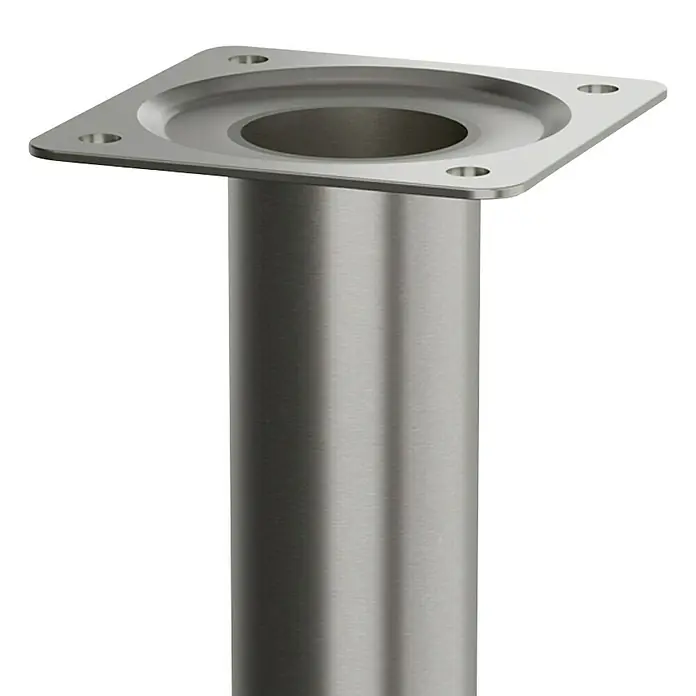 Walteco Möbelfuß - L x B x H: 3 x 3 x 10 cm, Ø x H: 3 x 10 cm, Traglast: 50 kg, Stahl, Nickel - Nahaufnahme eines silbernen Tischbeins mit quadratischer Basis, das Design und Stabilität vereint.\n