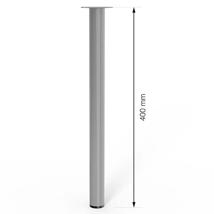 Walteco Möbelfuß - L x B x H: 3 x 3 x 40 cm, Ø x H: 3 x 40 cm, Traglast: 50 kg, Stahl, Grau - Die Abbildung zeigt ein 400 mm hohes, silbernes Tischbein. Es eignet sich ideal für Möbelprojekte und überzeugt durch seine robuste Konstruktion.
