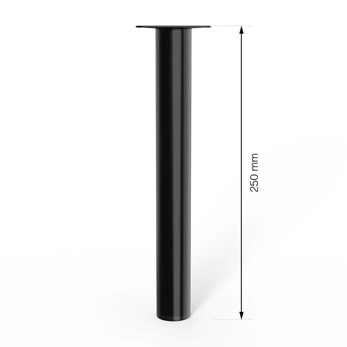 Walteco Möbelfuß - L x B x H: 3 x 3 x 25 cm, Ø x H: 3 x 25 cm, Traglast: 50 kg, Stahl - Abbildung eines schlanken, schwarzen Tischbeins mit einer Höhe von 250 mm, das Stabilität und modernes Design für Möbel bietet.