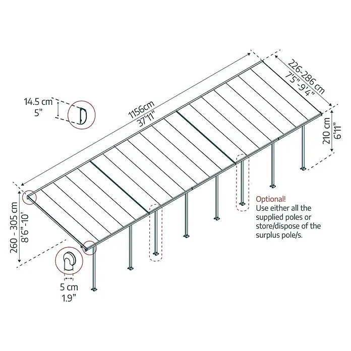 Solid Elements Terrassenüberdachung Martina - B x T: 1.156 x 300 cm, Verkehrsweiß, Polycarbonat, Transparent - Technische Zeichnung einer Terrassenüberdachung mit Maßangaben zu Höhe, Breite und Tiefe, sowie Details zu D-Element und Befestigung.