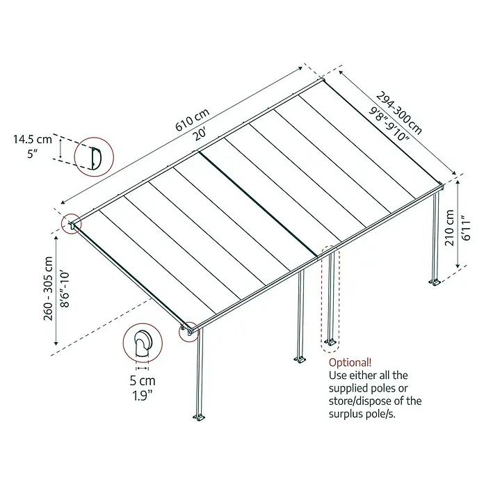 Solid Elements Terrassenüberdachung Martina - B x T: 610 x 300 cm, Verkehrsweiß, Polycarbonat, Transparent - Abmessungen der Terrassenüberdachung: 610 cm Länge, 294-300 cm Breite, 210-305 cm Höhe. Die Pfosten sind optional.