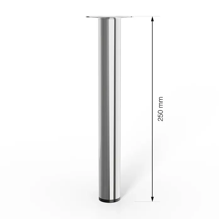 Walteco Möbelfuß - L x B x H: 3 x 3 x 25 cm, Ø x H: 3 x 25 cm, Traglast: 50 kg, Stahl, Silber - Nahaufnahme eines Tischbeins aus poliertem Metall, das 250 mm hoch ist und sich ideal für Möbelprojekte eignet.