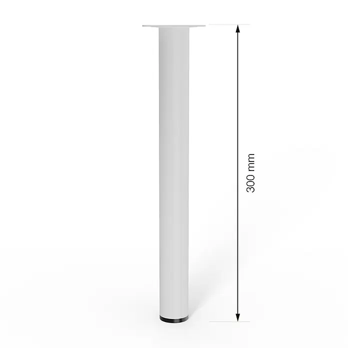 Walteco Möbelfuß - L x B x H: 3 x 3 x 30 cm, Ø x H: 3 x 30 cm, Traglast: 50 kg, Stahl, Weiß - Produktbild eines weißen, zylinderförmigen Möbelfußes mit Befestigungsplatte und den Maßen 300 mm Höhe.
