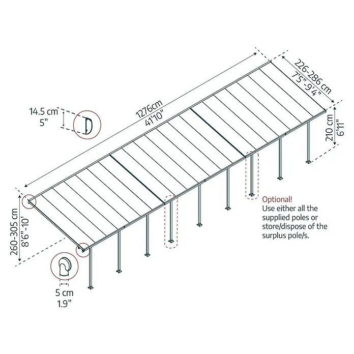 Solid Elements Terrassenüberdachung Martina - B x T: 1.276 x 300 cm, Verkehrsweiß, Polycarbonat, Transparent - Produktabbildung mit Maßangaben zu Länge, Breite, Höhe und Pfostenabstand.