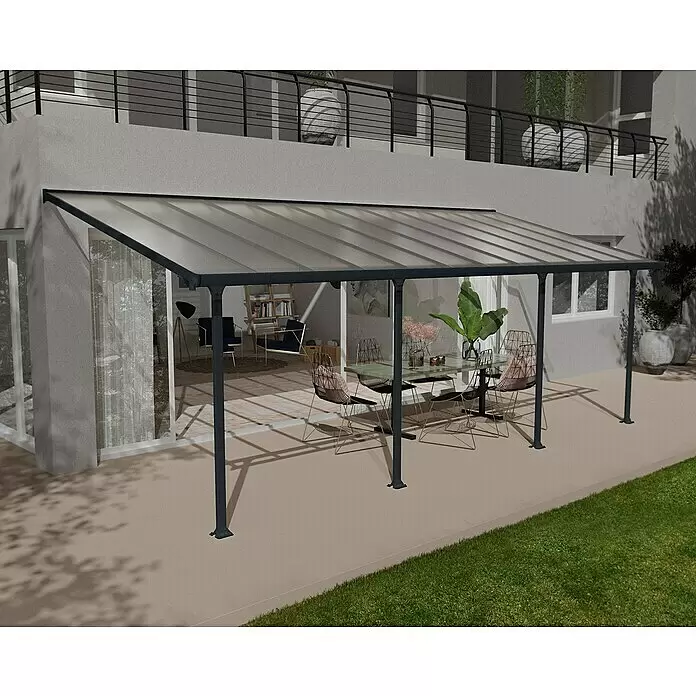 Solid Elements Terrassenüberdachung Martina - B x T: 730 x 300 cm, Anthrazitgrau, Polycarbonat, Transparent - Dunkelgraue Terrassenüberdachung mit lichtdurchlässigen Paneelen, beschattet einen Essbereich im Freien am Haus.