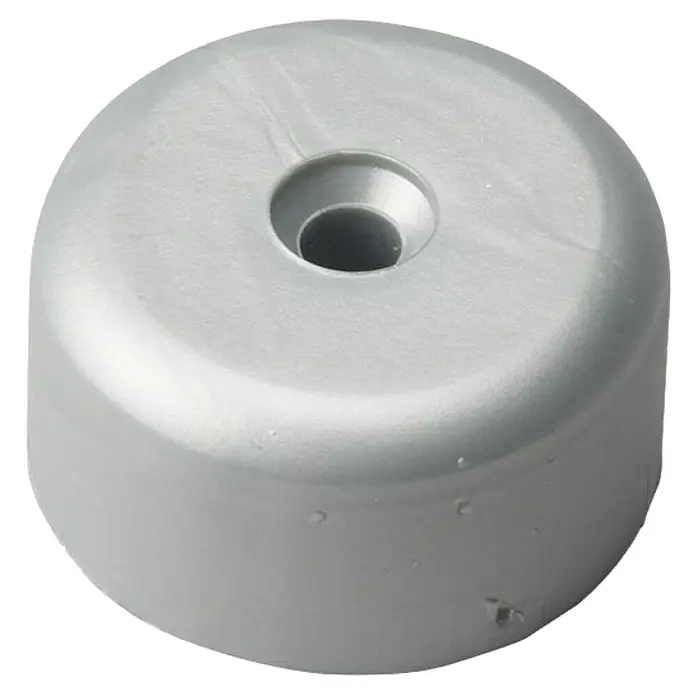 Walteco Plastik-Gleiter rund - Durchmesser: 4 cm, Silber - Nahaufnahme einer silbernen, runden Kappe mit einem Loch in der Mitte, wahrscheinlich ein Möbelzubehör.