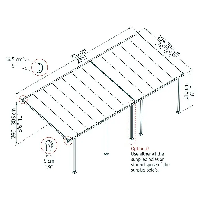 Solid Elements Terrassenüberdachung Martina - B x T: 730 x 300 cm, Verkehrsweiß, Polycarbonat, Transparent - Technische Zeichnung einer Terrassenüberdachung mit Maßen und optionalen Stützen.