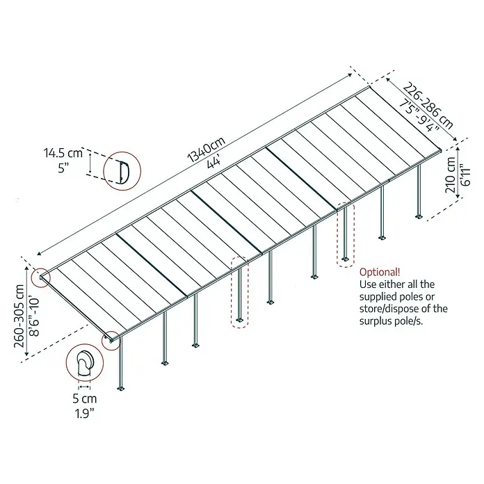Solid Elements Terrassenüberdachung Martina - B x T: 1.340 x 300 cm, Verkehrsweiß, Polycarbonat, Transparent - Eine schematische Darstellung einer Terrassenüberdachung mit Bemaßungen und optionalen Pfosten für zusätzliche Stabilität.