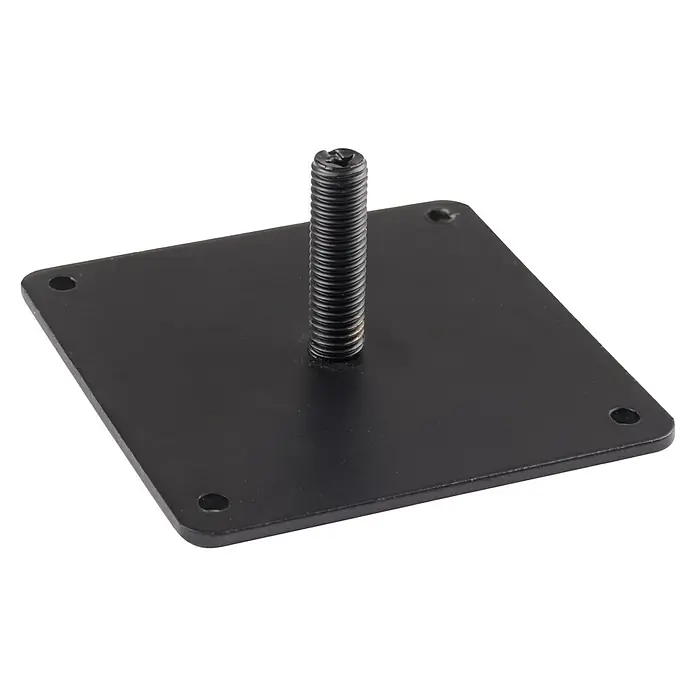 Walteco Montageplatte - L x B x H: 9 x 9 x 4 cm - Schwarze quadratische Montageplatte mit zentralem Gewindebolzen und vier Ecklöchern für eine sichere Befestigung.