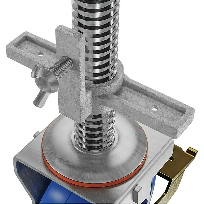 Krause Fahrrollensatz - 4 Stk. - Nahaufnahme einer verstellbaren Gewindespindel mit Flügelmutter und Basis, die in einer blauen Radhalterung montiert ist.