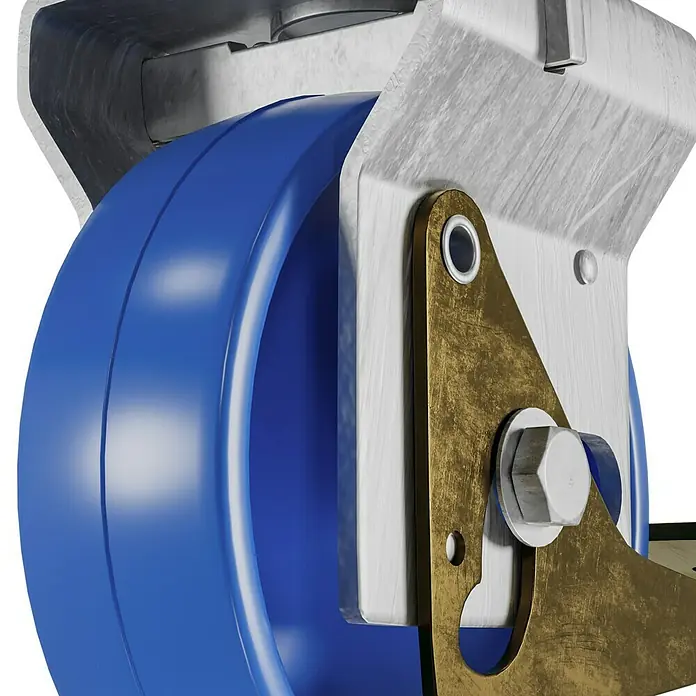Krause Fahrrollensatz - 4 Stk. - Nahaufnahme eines blauen Industrierades mit silberner Halterung und goldener Gabel, befestigt mit einer weißen Sechskantmutter.