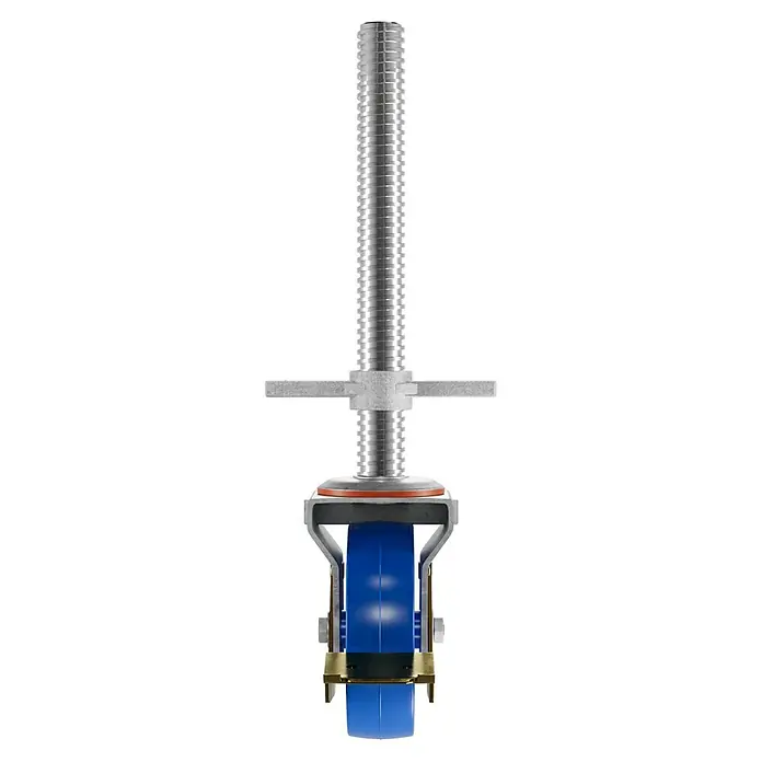 Krause Fahrrollensatz - 4 Stk. - Produktansicht eines höhenverstellbaren Möbelfußes mit blauer Rolle, ideal für flexible Büroeinrichtungen und barrierefreie Anpassung.